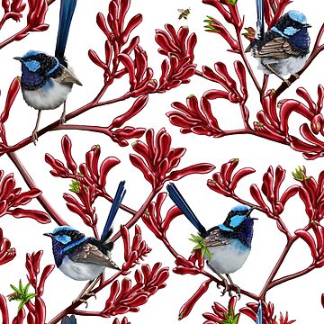 Artwork thumbnail, Blue Wrens in Kangaroo Paw Flowers Repeated Pattern by Australian artist Laural Retz by Laural Retz