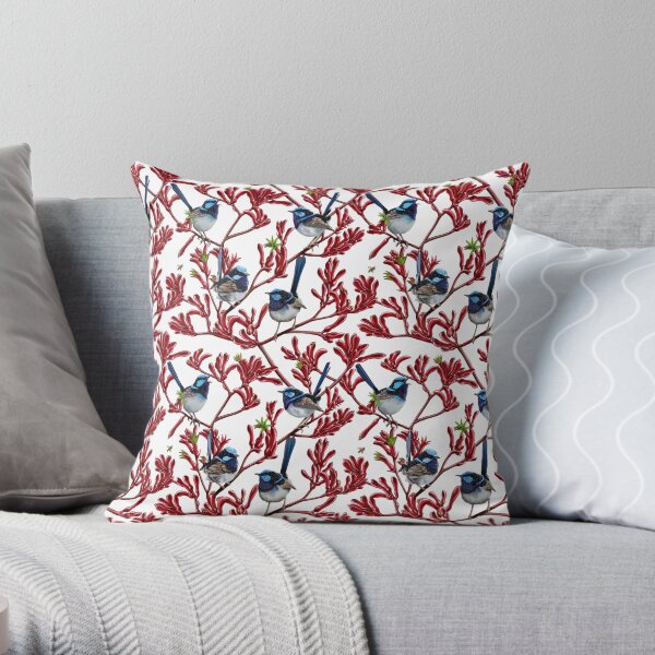 Blue Wrens in Kangaroo Paw Flowers Repeated Pattern by Australian artist Laural Retz Throw Pillow