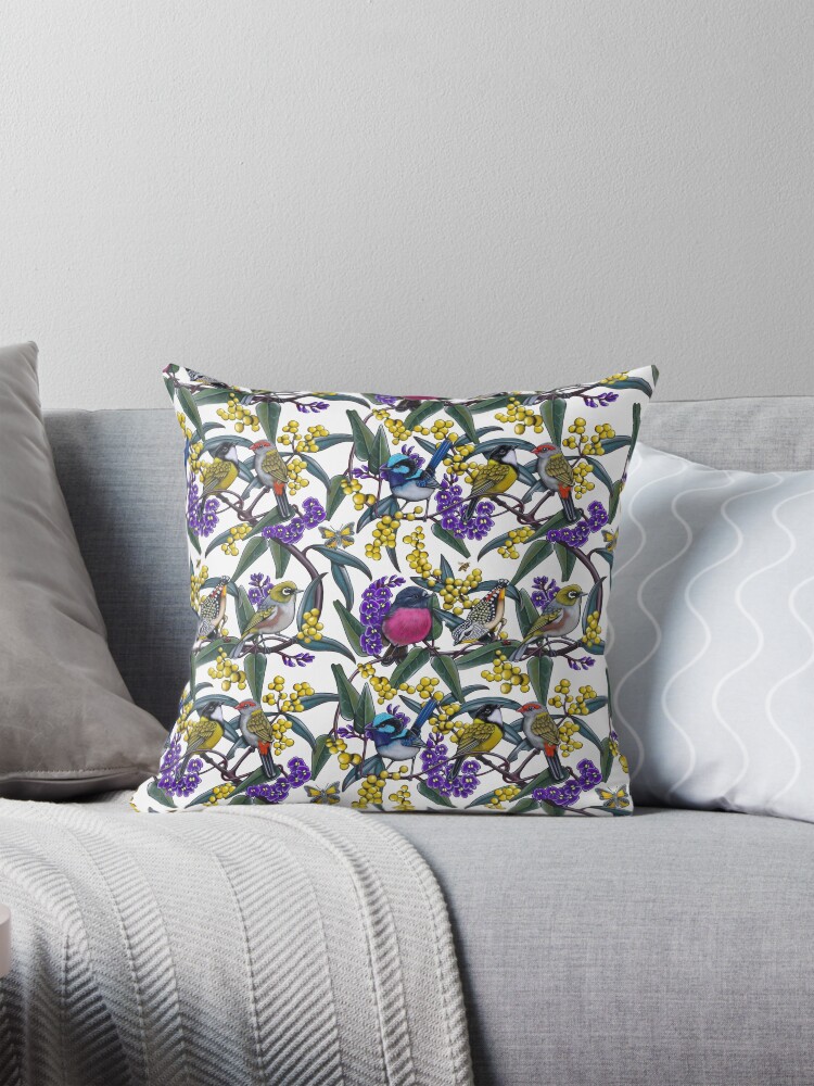 Thumbnail 1 of 4, Pillow, Small Bird Medley Repeated Pattern by Australian artist Laural Retz designed and sold by lauralretz.