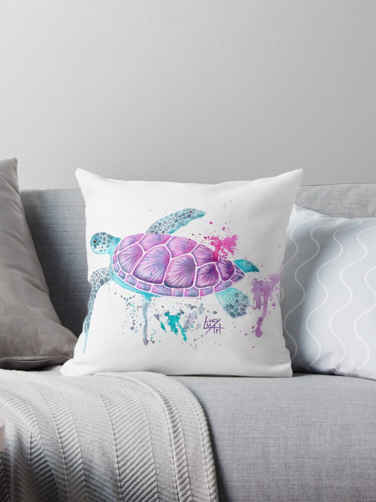 Thumbnail 1 of 4, Pillow, Pink Watercolour Turtle designed and sold by lucyluart.
