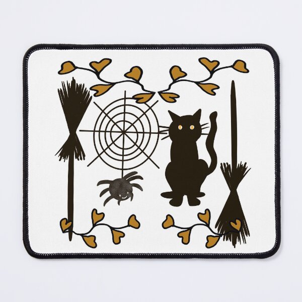 Item preview, Halloween Cat,Spider,Web,Broomstick And Autumn Leaves Minimalist Black And Gold Coloured Line Art Drawing designed and sold by PrintHatcher.