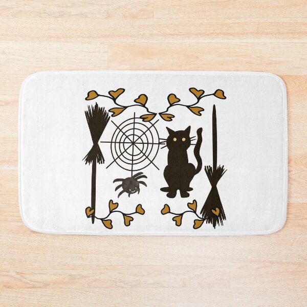 Item preview, Halloween Cat,Spider,Web,Broomstick And Autumn Leaves Minimalist Black And Gold Coloured Line Art Drawing designed and sold by PrintHatcher.