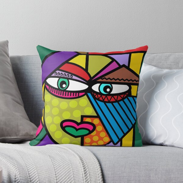 Funky Art Face with Dots and Stripes Throw Pillow