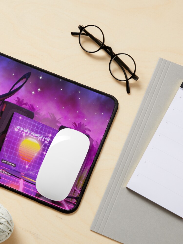 Alternate view of Synthwave music in music land with palm trees Mouse Pad