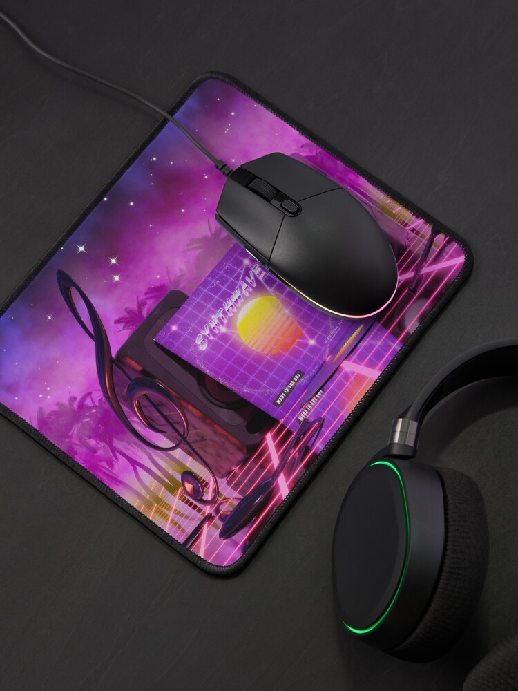 Alternate view of Synthwave music in music land with palm trees Mouse Pad