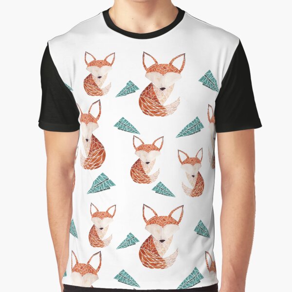 Hand Painted Watercolour Abstract Geometric Fox and Origami Paper Plane Mosaic style Graphic T-Shirt