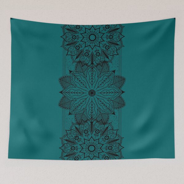 Item preview, Black Flower lace on teal blue green background designed and sold by ABInspired.
