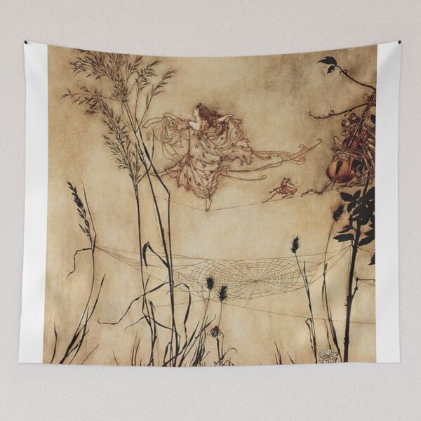 Aperçu de l'œuvre Des fées dansant sur une toile d'araignée, illustration vintage d'Arthur Rackham créée et vendue par Bellathewilde.