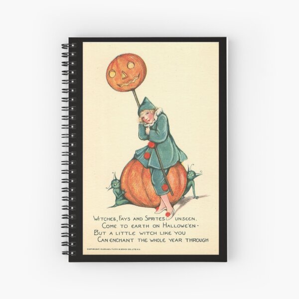Vintage Halloween Card from Tuck Postcards (1908) - Girl with Sprites on Pumpkin Spiral Notebook