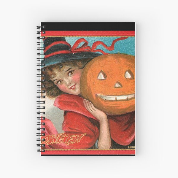 Vintage Halloween Card from Tuck Postcards (1908) - Witch with Jack-o-lantern Spiral Notebook