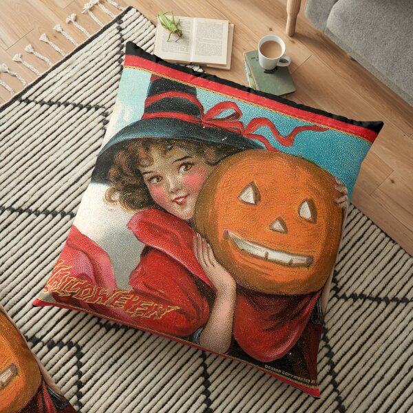 Vintage Halloween Card from Tuck Postcards (1908) - Witch with Jack-o-lantern Floor Pillow
