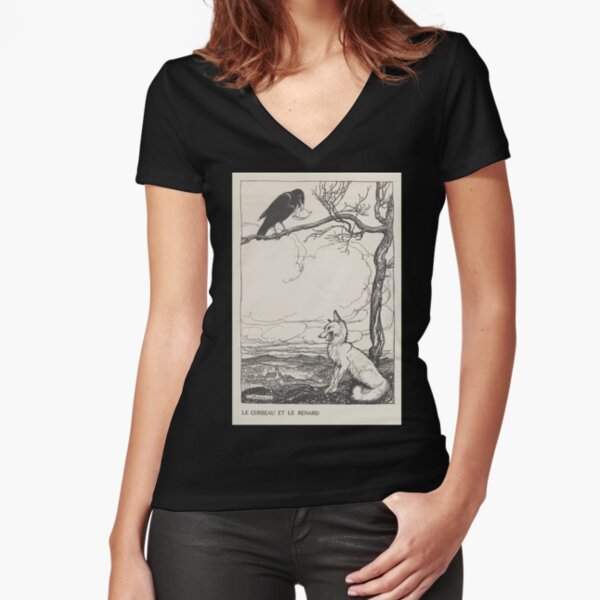 Aesop's Fables art by Arthur Rackham 1913 0026 The Fox and the Crow Fitted V-Neck T-Shirt