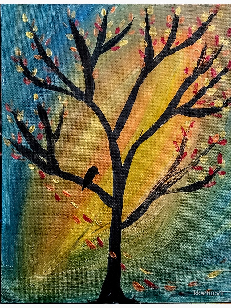 Black bird in the tree as the wind blows leaves off the tree by kkartwork