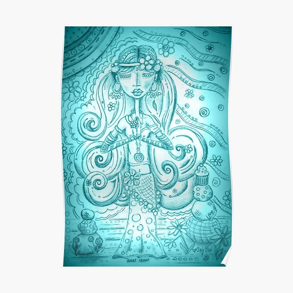 Sky blue Yoga Gypsy Sketch – Whimsical Folk Art Girl in Namaste Pose Poster