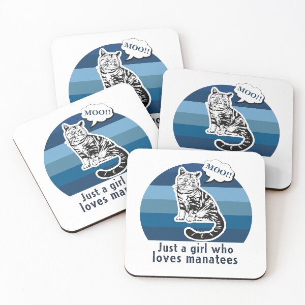 Item preview, Just a Girl Who Loves Manatees - cat saying moo, blue background designed and sold by FlorenciaBliss.