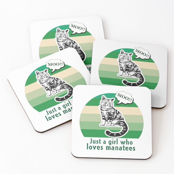 Item preview, Just a Girl Who Loves Manatees - cat saying moo, green background  designed and sold by FlorenciaBliss.