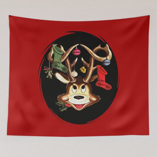Item preview, Smiling Reindeer Decorated With Christmas Stockings designed and sold by taiche.