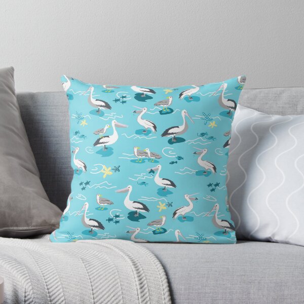 Pelicans and seagulls hand illustrated pattern - fun ocean birds Throw Pillow