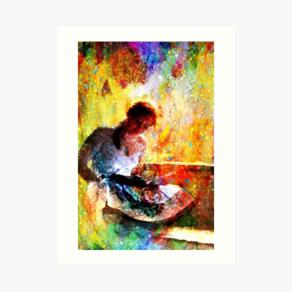 Girl with book by window bathed in morning light Art Print