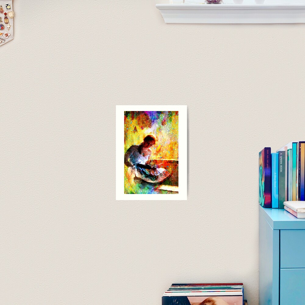 Girl with book by window bathed in morning light Art Print