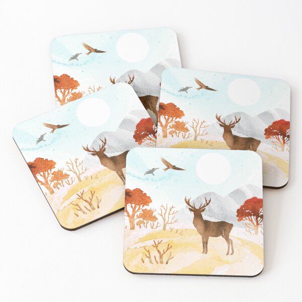 Item preview, Watercolor autumn landscape in orange colors. Illustration of mountains, trees, deer ​and birds under blue sky designed and sold by GalinaChe.