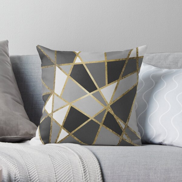 Black & Gray Modern Geo Gold Triangles Throw Pillow
