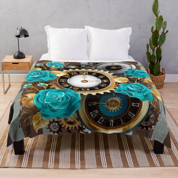 Item preview, Steampunk Striped Background with Clock and Turquoise Roses designed and sold by Blackmoon9.