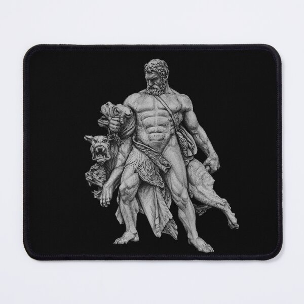 Item preview, Drawing of Hercules capturing Cerberus for black and dark background designed and sold by IraPanyukova.
