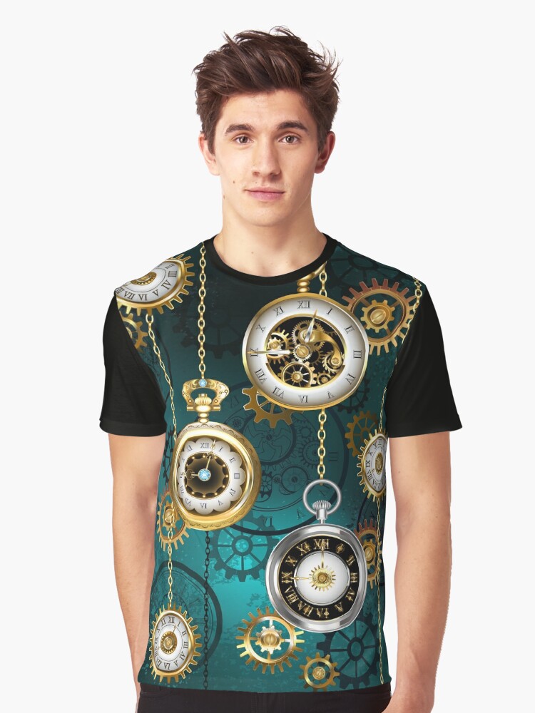 Steampunk Watch with Chains on Green Background | Graphic T-Shirt