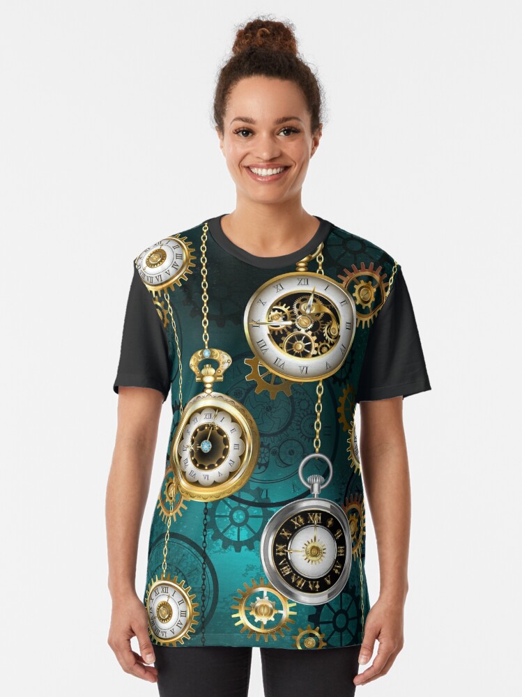 Steampunk Watch with Chains on Green Background Graphic T-Shirt for Sale  by Blackmoon9