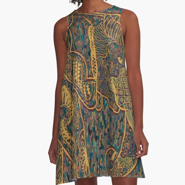 Zentangle Elephant Gold A-Line Dress