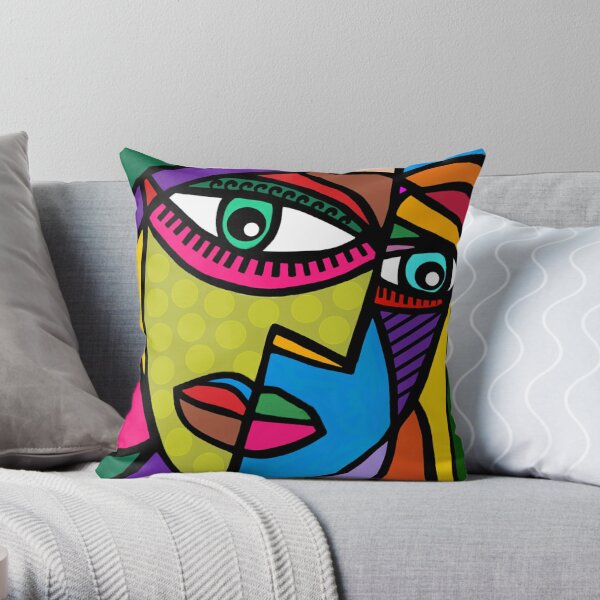Funky Abstract Art Face with Dots and Stripes Throw Pillow