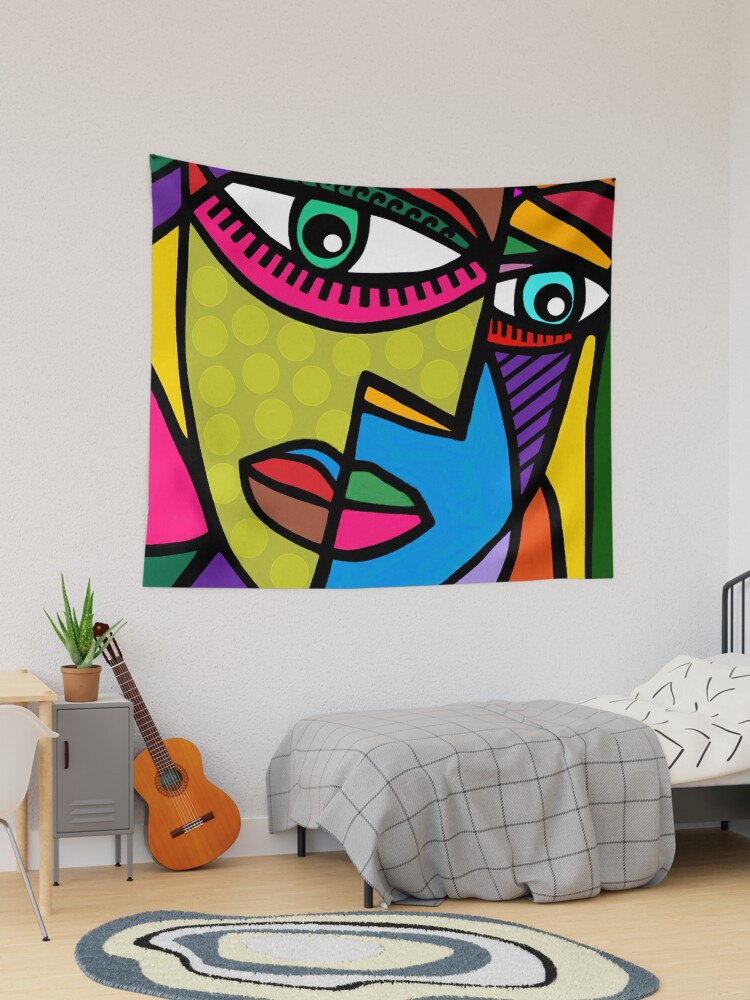 Funky Abstract Art Face with Dots and Stripes | Tapestry