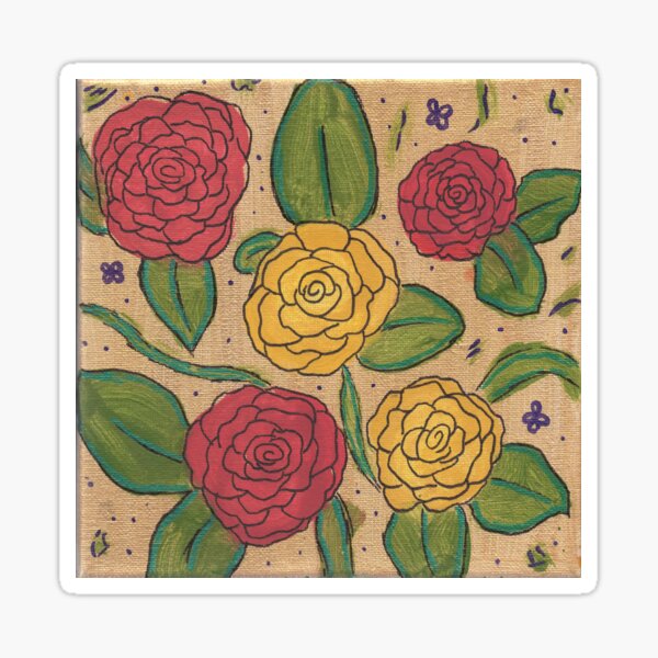 Red and Yellow Painted Roses On Gold Sticker