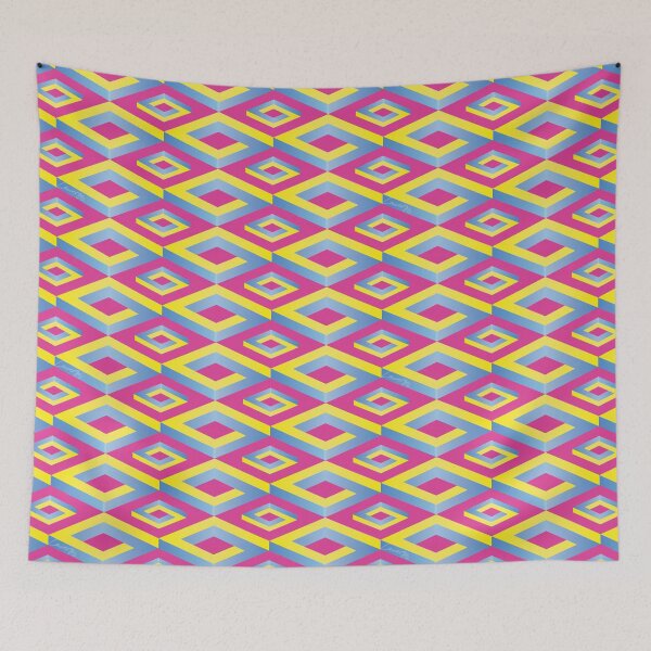 Item preview, PENROSE CUBE V1 Loop Pattern - YELLOW and BLUE on PINK Background (v1 YELLOWBLUE on PINK) © designed and sold by DesignsByLawerg.