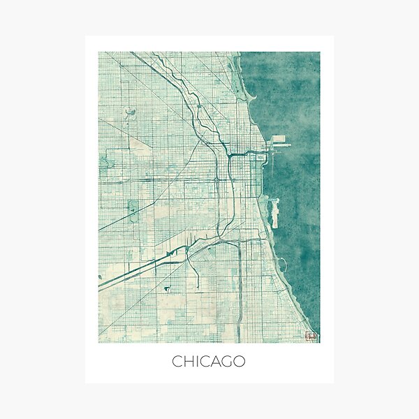 Chicago Map Blue Vintage Photographic Print