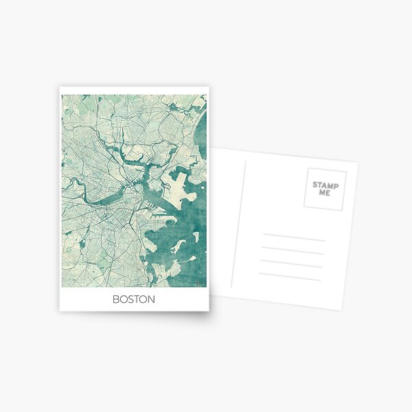 Boston Map Blue Vintage Postcard