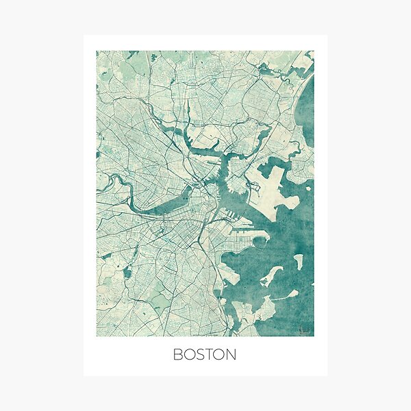 Boston Map Blue Vintage Photographic Print