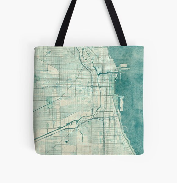 Chicago Map Blue Vintage All Over Print Tote Bag