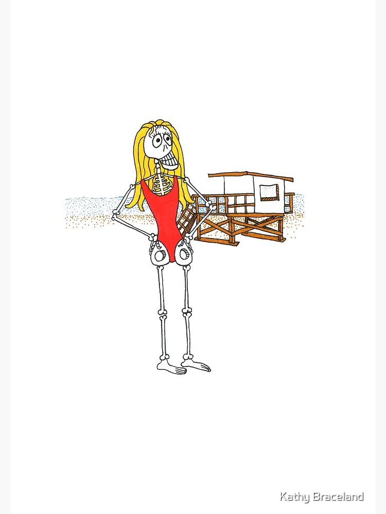 Original Art Skeleton Blonde Girl In Red Bathing Suit On Ocean Beach Baywatch Centerfold