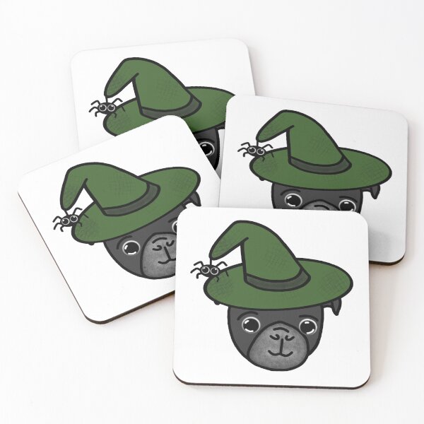 Item preview, Black Pug with Green Witch Hat and Spider Friend designed and sold by LeasPugGrumble.