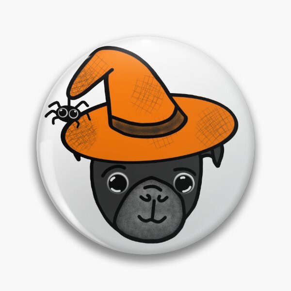 Item preview, Black Pug with Orange Witch Hat and Spider Friend designed and sold by LeasPugGrumble.