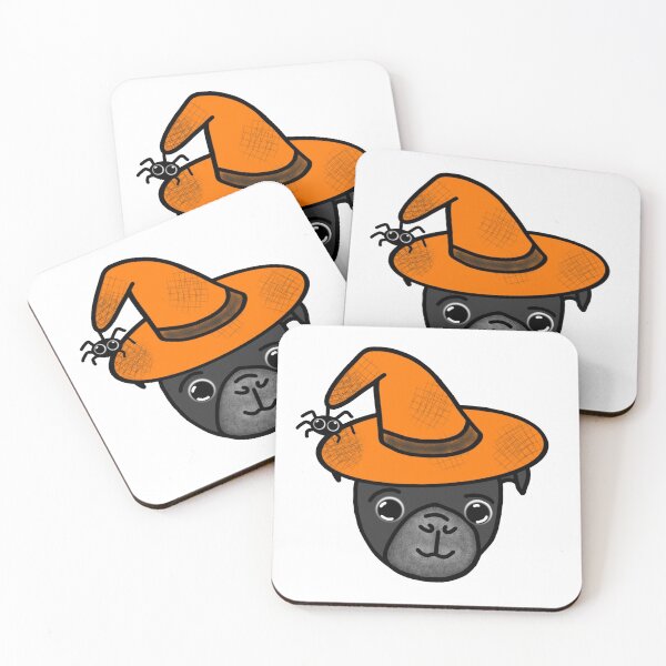 Item preview, Black Pug with Orange Witch Hat and Spider Friend designed and sold by LeasPugGrumble.