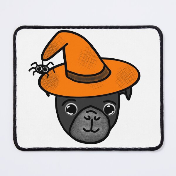 Item preview, Black Pug with Orange Witch Hat and Spider Friend designed and sold by LeasPugGrumble.