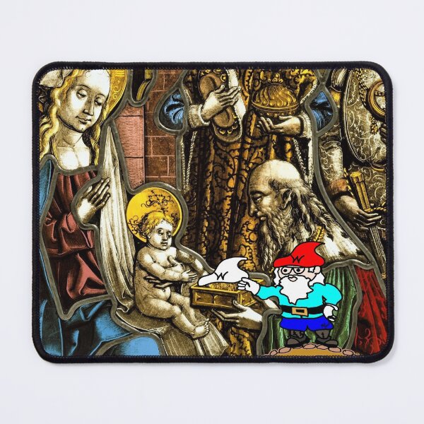 Item preview, Will the Wandering Gnome joins the 3 Kings and gives Jesus a Gift (Gnome Art) (Christmas Art) designed and sold by Bill Ressl.