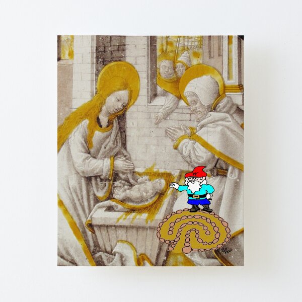 Will the Wandering Gnome visits Jesus in the Manger (Gnome Art) (Christmas Art) Canvas Mounted Print