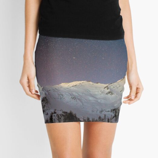 Mountain Covered with Snow Under Stars and Purple Galaxy Mini Skirt