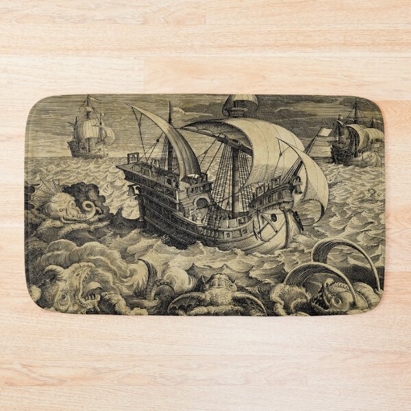 Item preview, Vintage ship surrounded by sea monsters. designed and sold by monsterplanet.