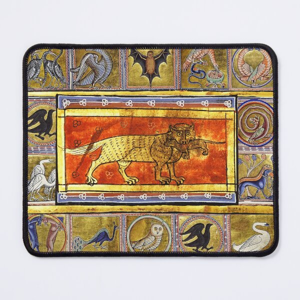 Item preview, MEDIEVAL BESTIARY,MOTHER WOLF AND BABY WOLF, FANTASTIC ANIMALS IN GOLD RED BLUE COLORS designed and sold by BulganLumini.