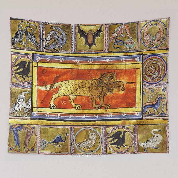 Item preview, MEDIEVAL BESTIARY,MOTHER WOLF AND BABY  WOLF, FANTASTIC ANIMALS IN GOLD RED BLUE COLORS designed and sold by BulganLumini.